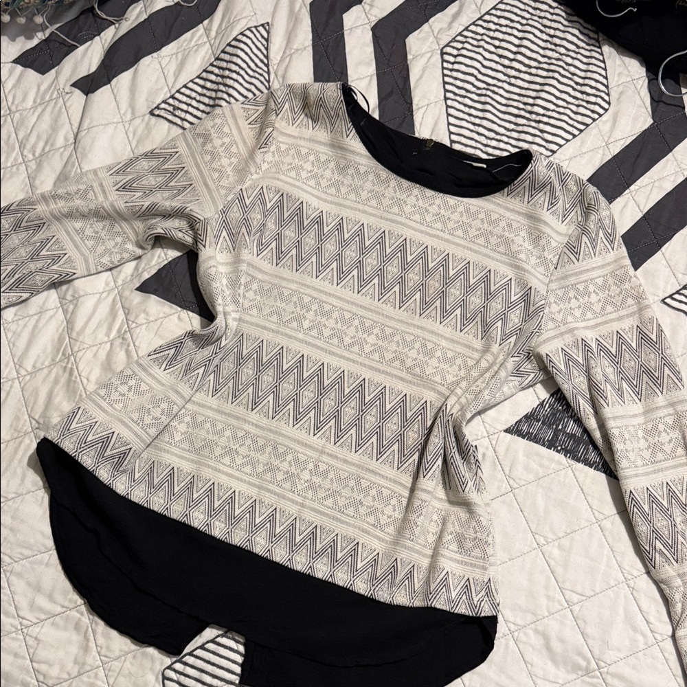 Pleione Black and Cream Patterned long sleeve Blouse